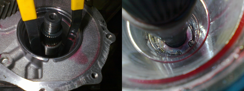 Those special pliers make another appearance to help put the snap-ring back in, which retains the lower end of the transfer shaft